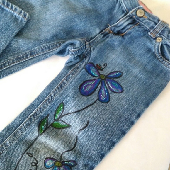 🪻BOGO🪻 Hand-Painted OLD NAVY Bootcut Jeans Sz 3T Upcycled Floral - Picture 3 of 5